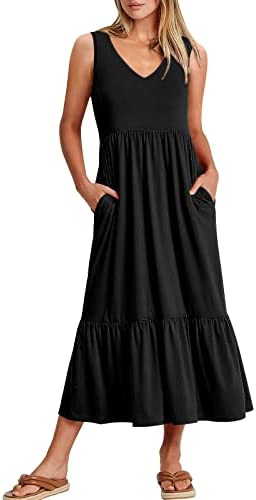 ANRABESS Women’s Sleeveless V-Neck Maxi Beach Dress with Pockets