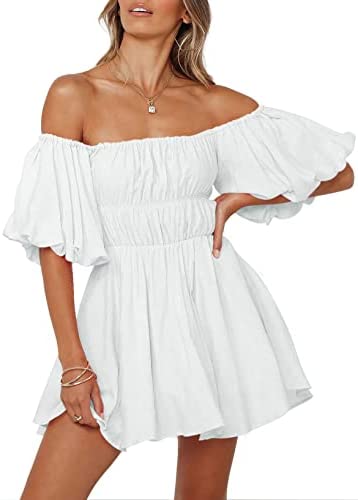 Dokotoo Women’s Off Shoulder Mini Dress with Ruffle Sleeves and Elastic Waist