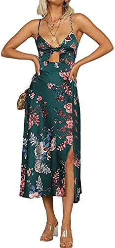 Fashionme Women’s Satin Spaghetti Strap Midi Dress with Tie Front and Backless Split