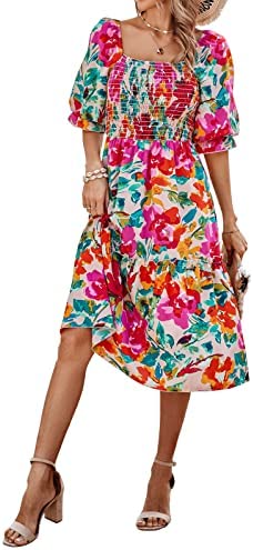 PRETTYGARDEN Women’s Boho Floral Midi Dress with Puff Sleeves and Smocked Details