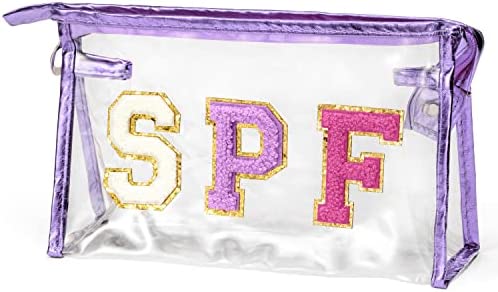 Preppy Patch SPF Varsity Letter Purple Cosmetic Bag for Women and Girls
