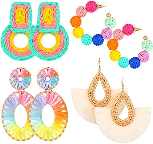 Raffia Earrings Set for Women – Handmade Boho Dangle Drop Earrings