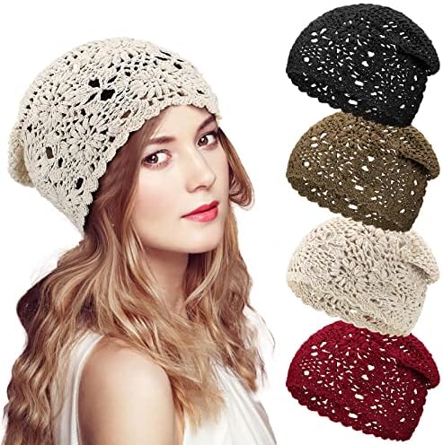 4 Pcs Crochet Slouchy Beanie Hat Fall Handmade Knit Floral Skull Cap