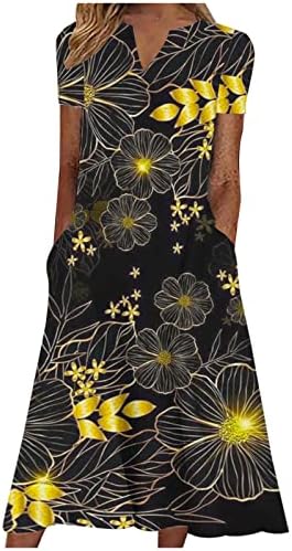 Floral Print V Neck Tshirt Maxi Dress with Pocket for Women