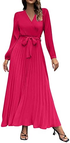 LENSSE Women’s Long Sleeve V Neck Pleated A Line Dress